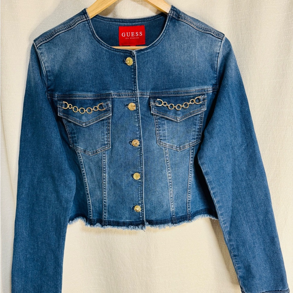 GUESS Women's Blue Denim Jacket with Gold Accents